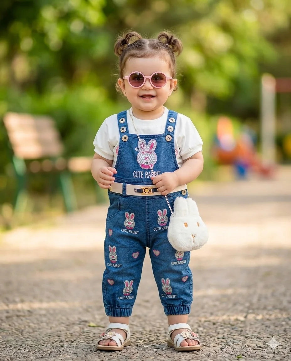 Girls Romper With Bunny Cute Bag– Premium Quality Summer Stuff Soft & Comfortable | 1-2 Years