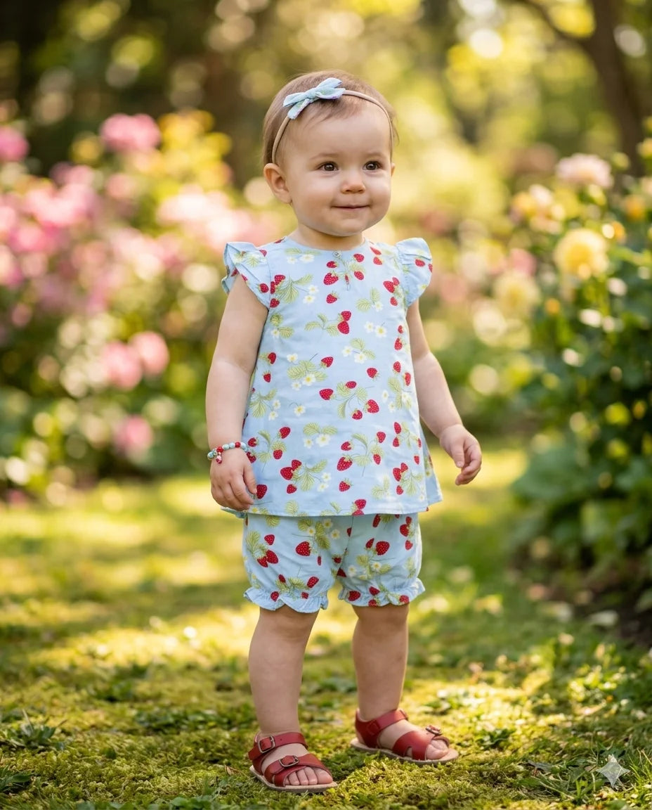 Strawberry Print Two-Piece With Nicker Summer Set With Head Band  – Soft & Comfortable | 1–3 Years
