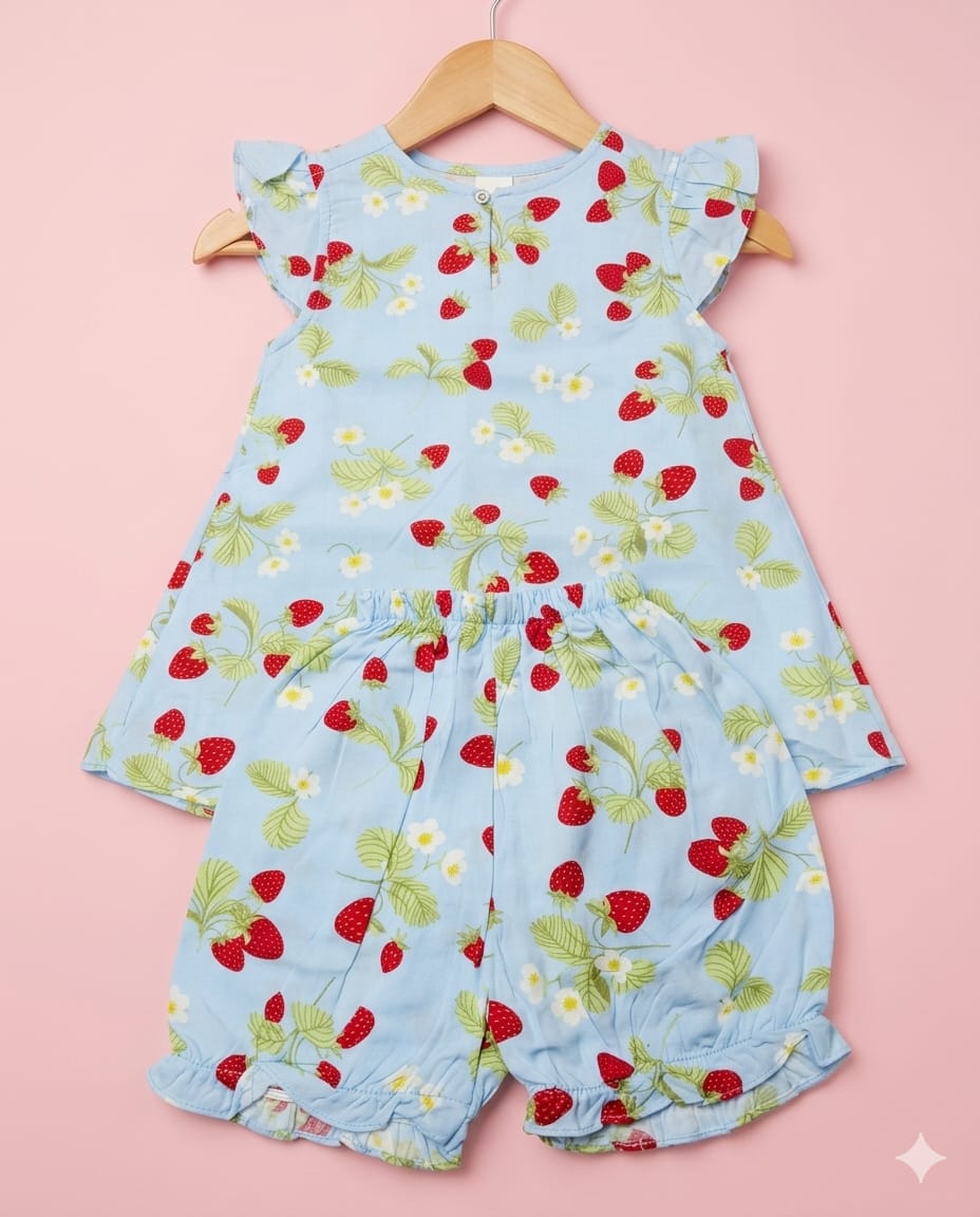 Strawberry Print Two-Piece With Nicker Summer Set With Head Band  – Soft & Comfortable | 1–3 Years