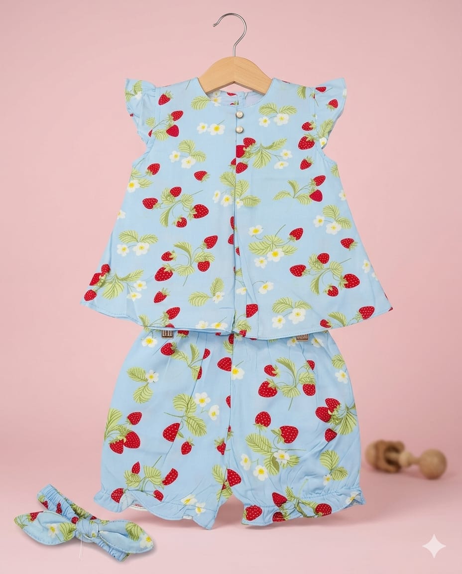 Strawberry Print Two-Piece With Nicker Summer Set With Head Band  – Soft & Comfortable | 1–3 Years