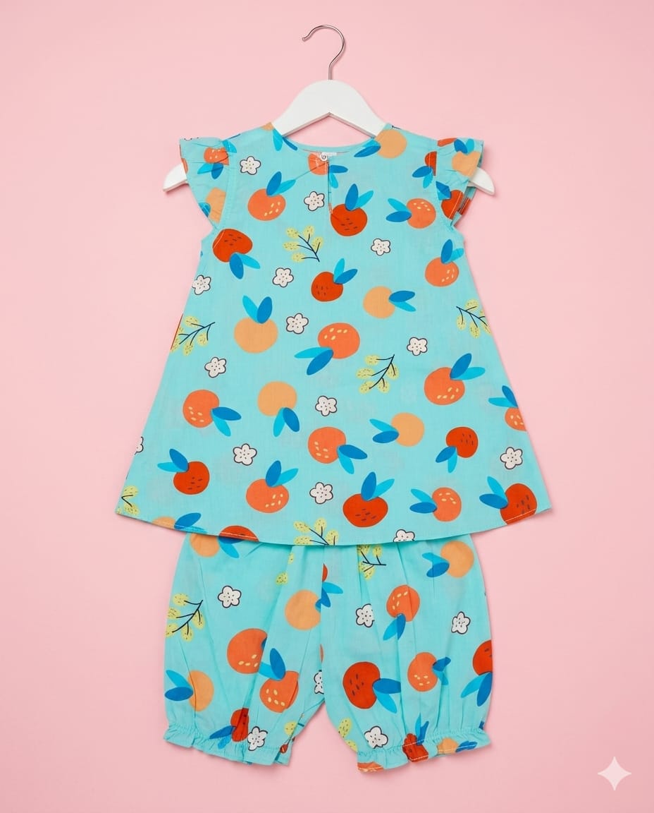 Orange Print Two-Piece With Nicker Summer Set With Head Band  – Soft & Comfortable | 1–3 Years