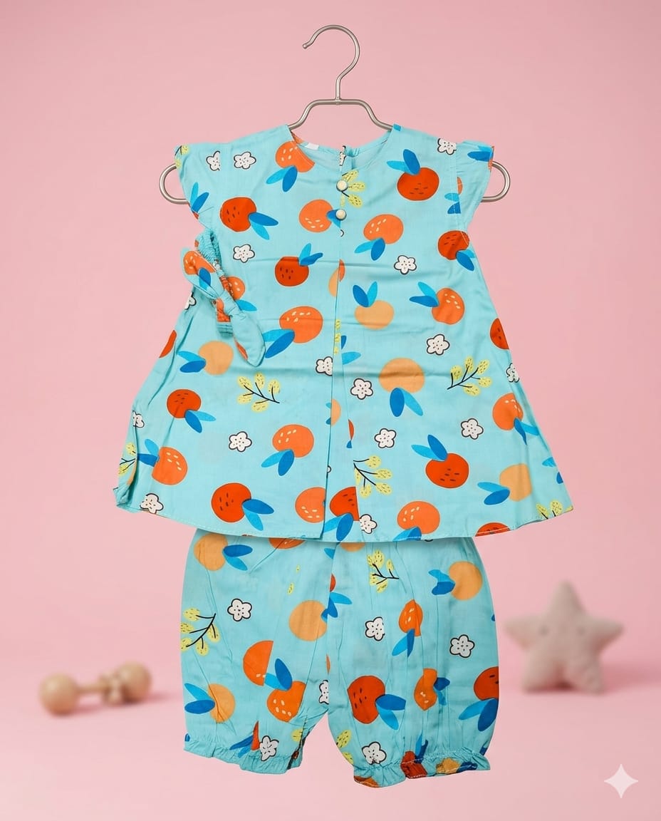Orange Print Two-Piece With Nicker Summer Set With Head Band  – Soft & Comfortable | 1–3 Years