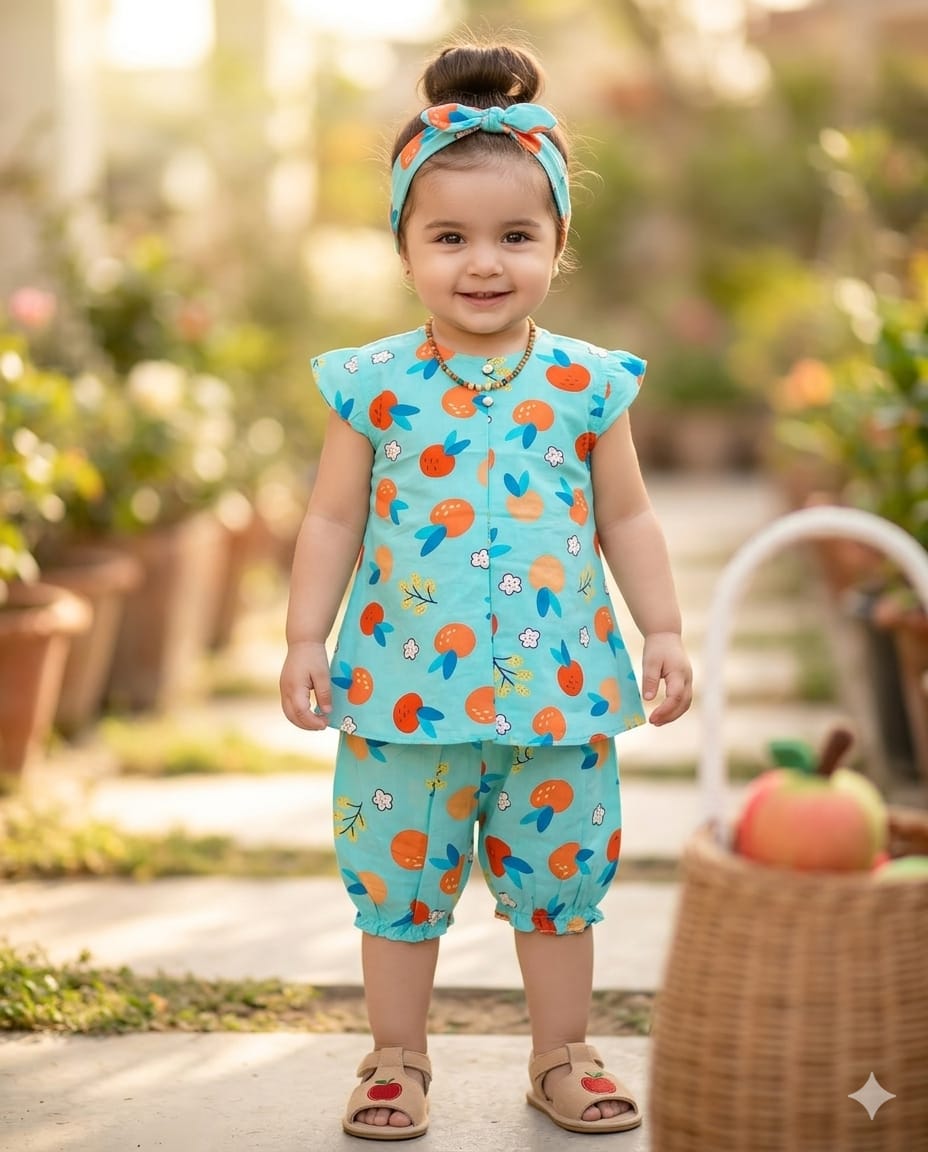 Orange Print Two-Piece With Nicker Summer Set With Head Band  – Soft & Comfortable | 1–3 Years
