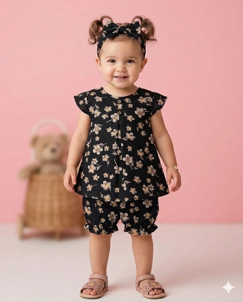 Flower Print Two-Piece With Nicker Summer Set With Head Band  – Soft & Comfortable | 1–3 Years