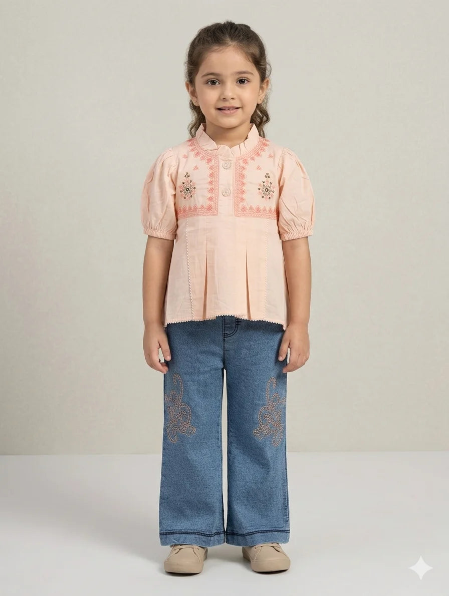 Girls Peplum Top With Denim Jeans – Summer Stuff Soft & Comfortable | 1–4 Years